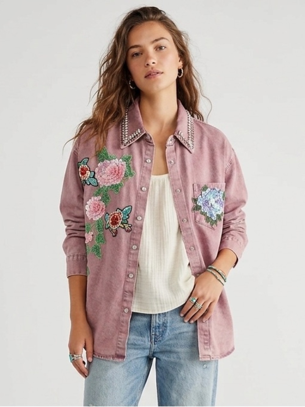 Embellished Pink Floral Denim Shirt Shacket Western Coastal Cowgirl